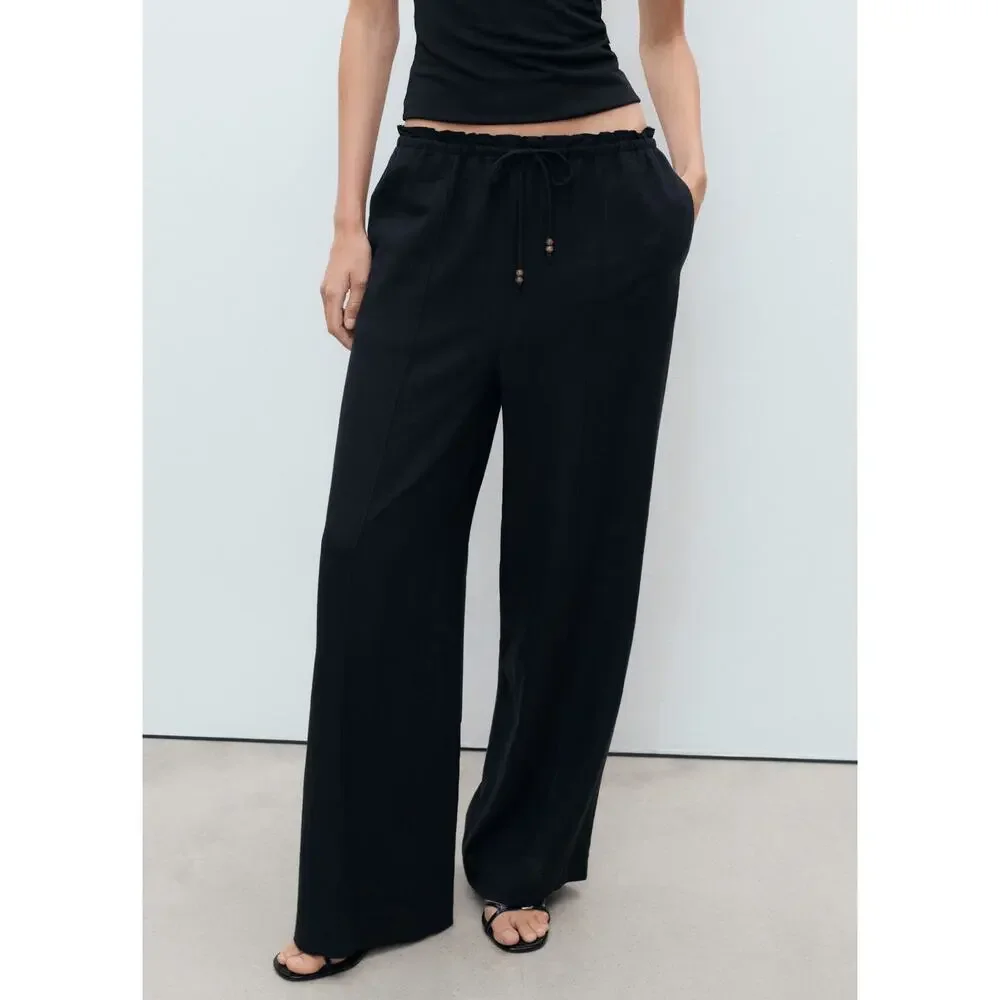 MANGO Linen-Blend Elastic Waist Pants - XS - Black